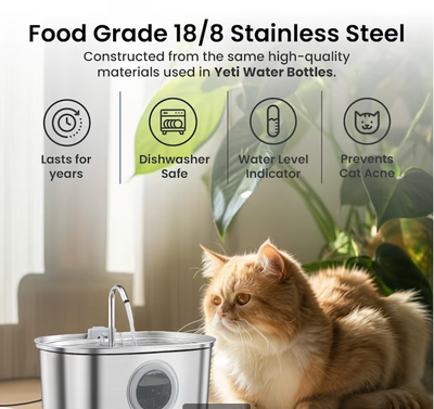 PawsPik SS-01 Stainless Steel Faucet-Design Cat Fountain, 108.2 oz.
