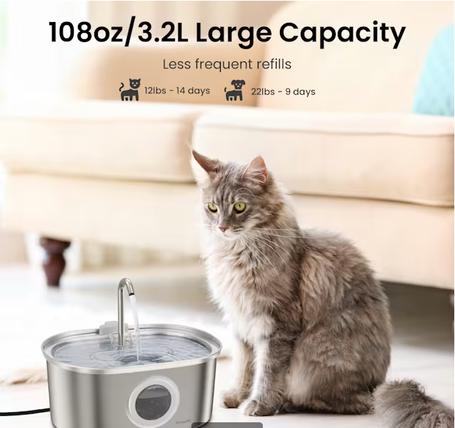 PawsPik SS-01 Stainless Steel Faucet-Design Cat Fountain, 108.2 oz.